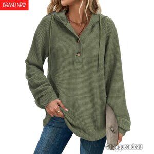 Waffle Knit Hoodie Women's Oversized V-Neck Pullover Sweatshirt